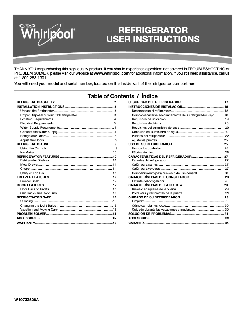 Page n°1 - Manuel d'utilisation et d'entretien Whirlpool WRT111SFD