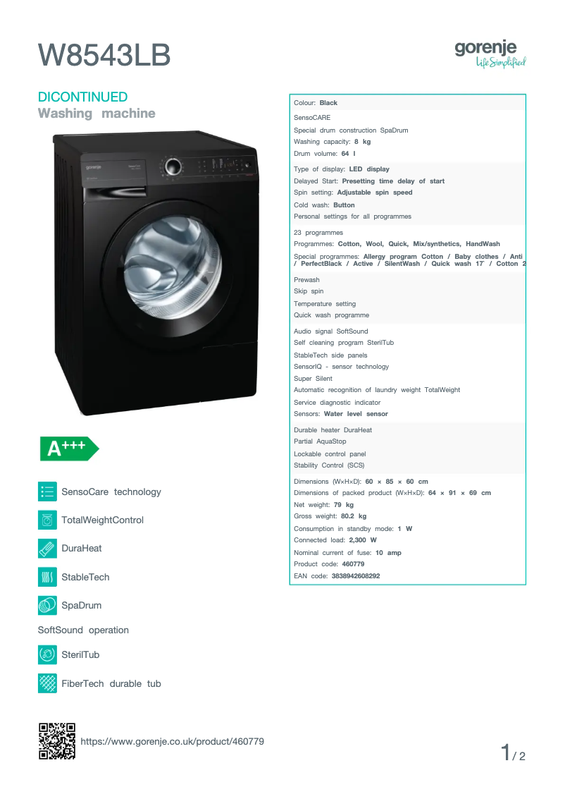 Page n°1 - Fiche technique Gorenje W8543LB