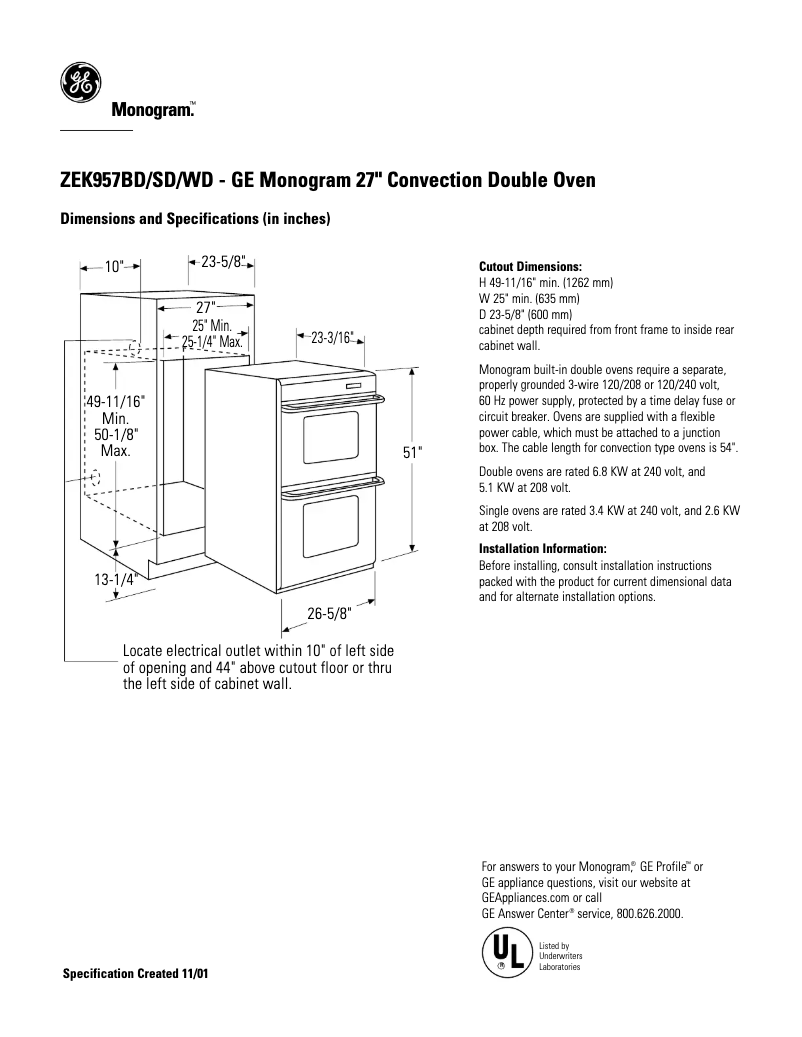 Page n°1 - Fiche technique GE ZEK957WDWW