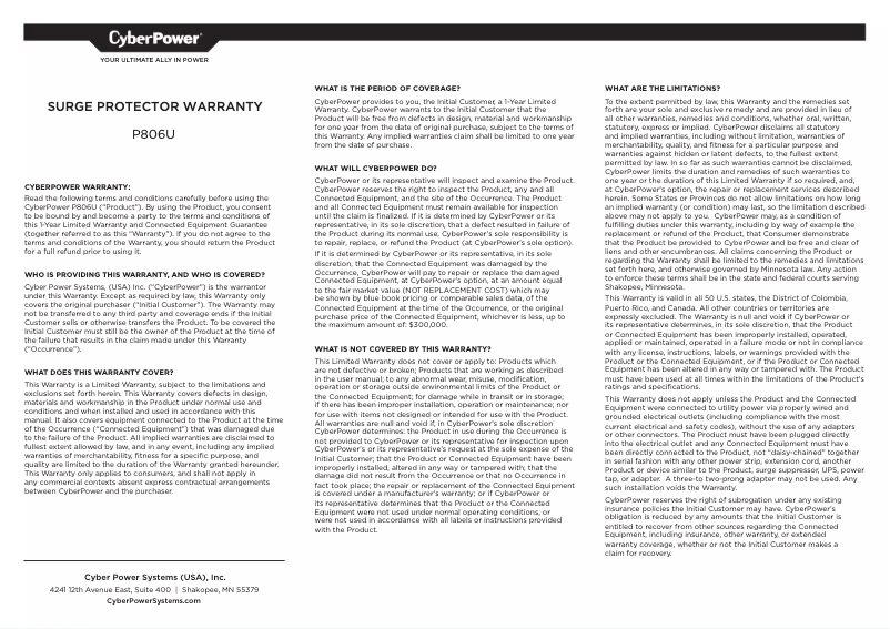 Page n°1 - Informations de garantie CyberPower Home Office P806U