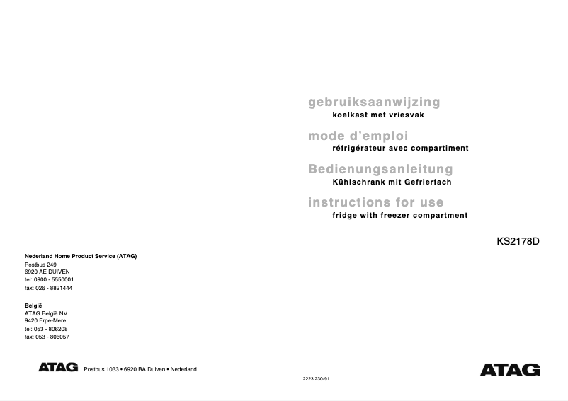 Page 1 de la notice Manuel utilisateur Atag KS2178DUU