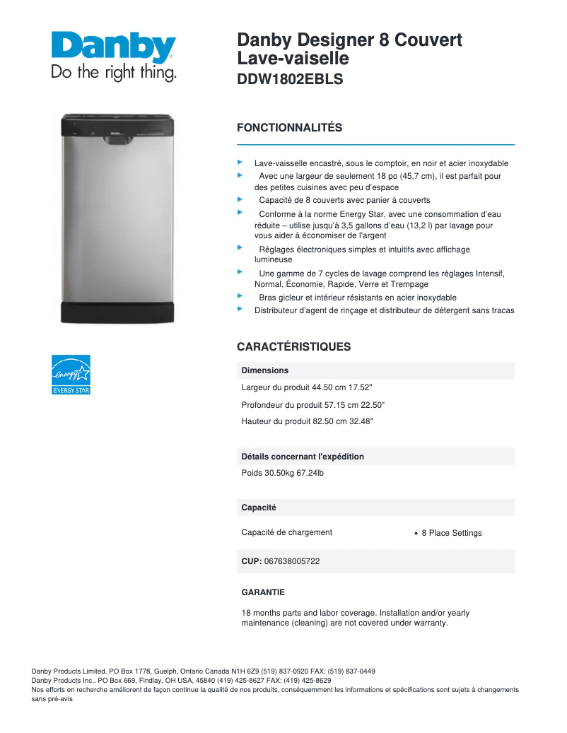 Page n°1 - Fiche technique Danby DDW1802EBLS