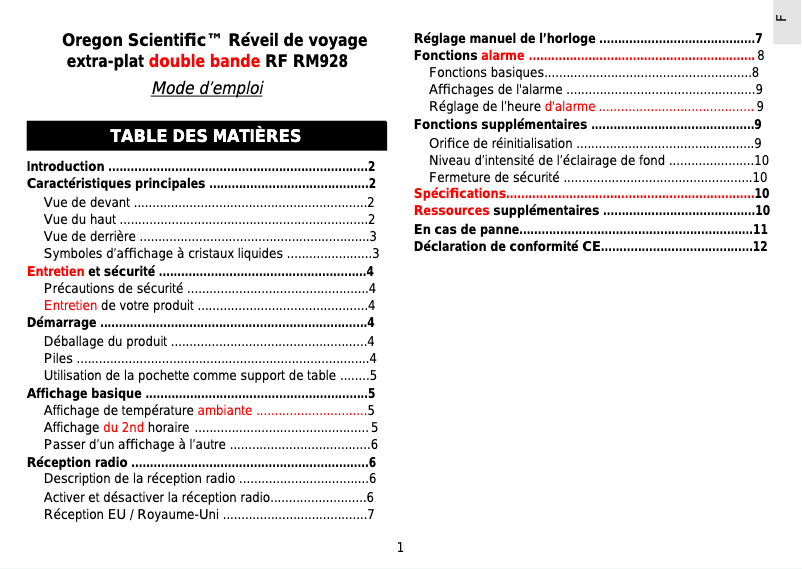 Page 1 de la notice Manuel utilisateur Oregon Scientific RM928