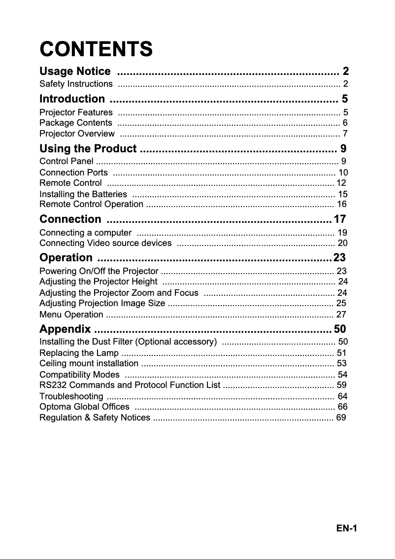 Page n°1 - Manuel utilisateur Optoma H181X