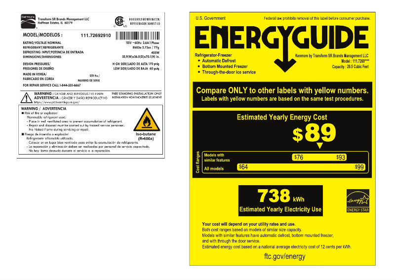 Page 1 de la notice Label énergétique Kenmore 72695