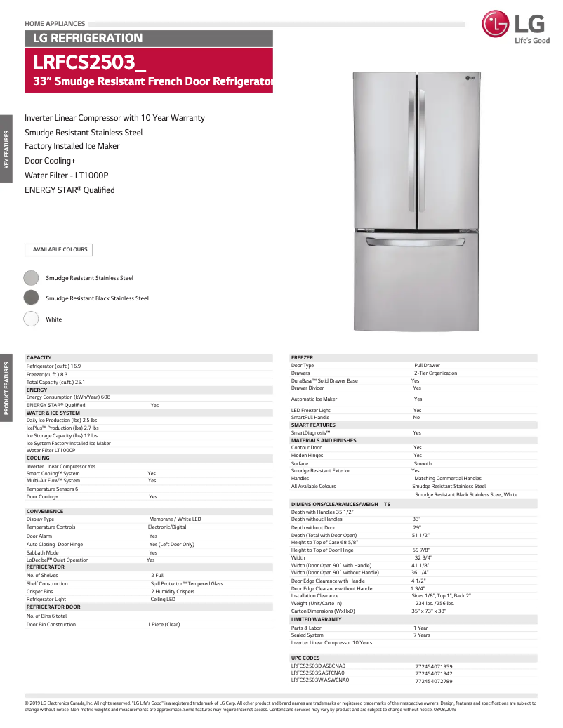 Page 1 de la notice Fiche technique LG LRFCS2503D