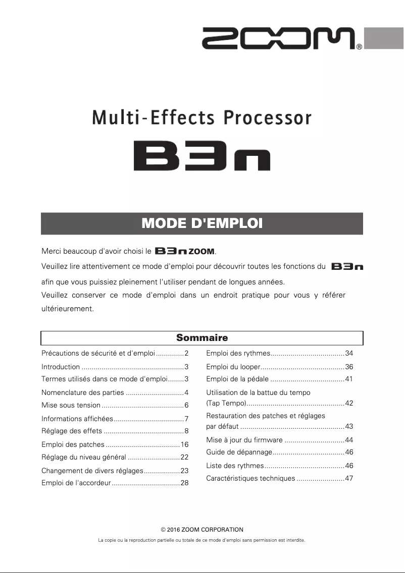 Page 1 de la notice Manuel utilisateur Zoom B3n