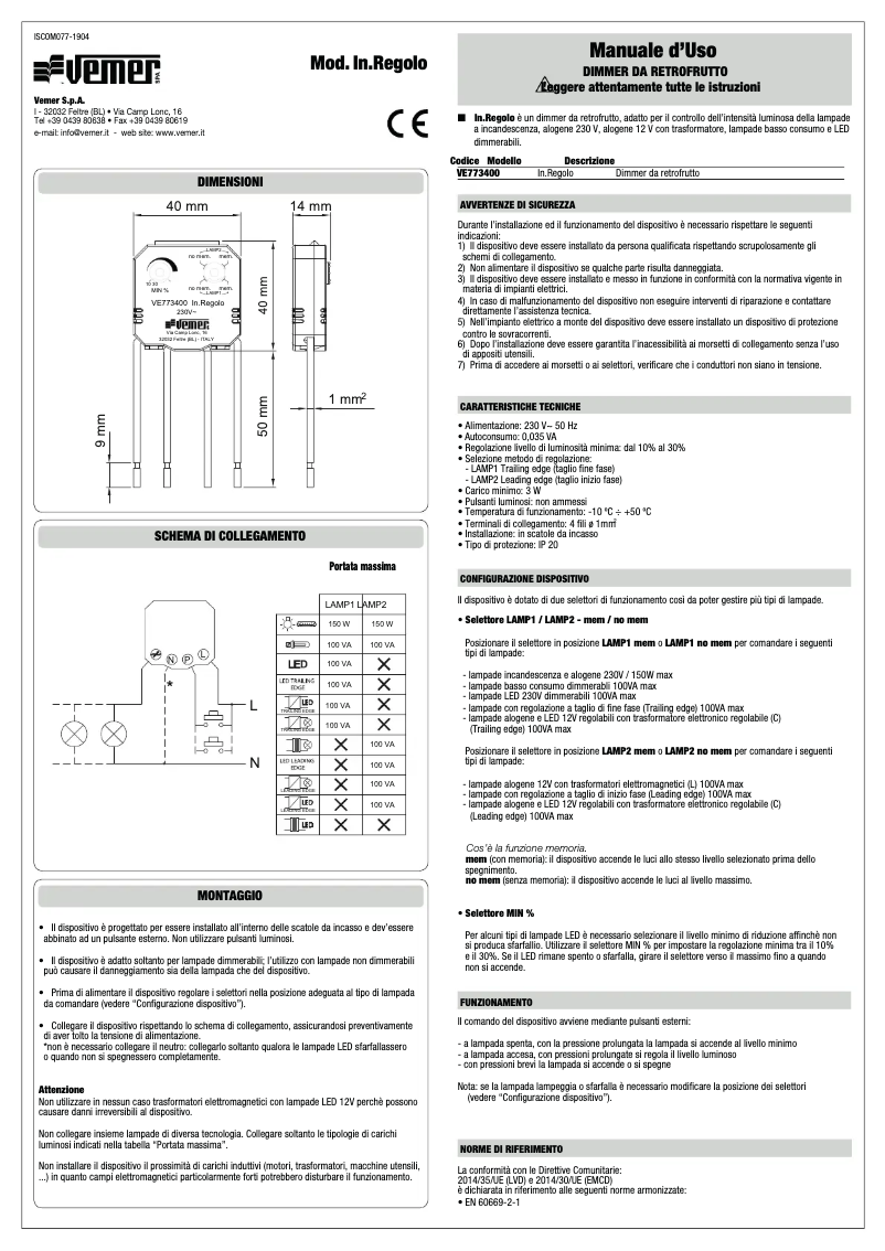 Page 1 de la notice Manuel utilisateur Vemer In.Regolo