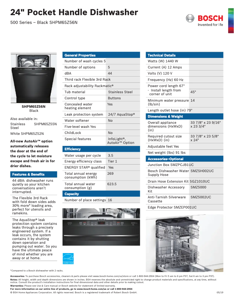 Page n°1 - Fiche technique Bosch SHPM65Z56N