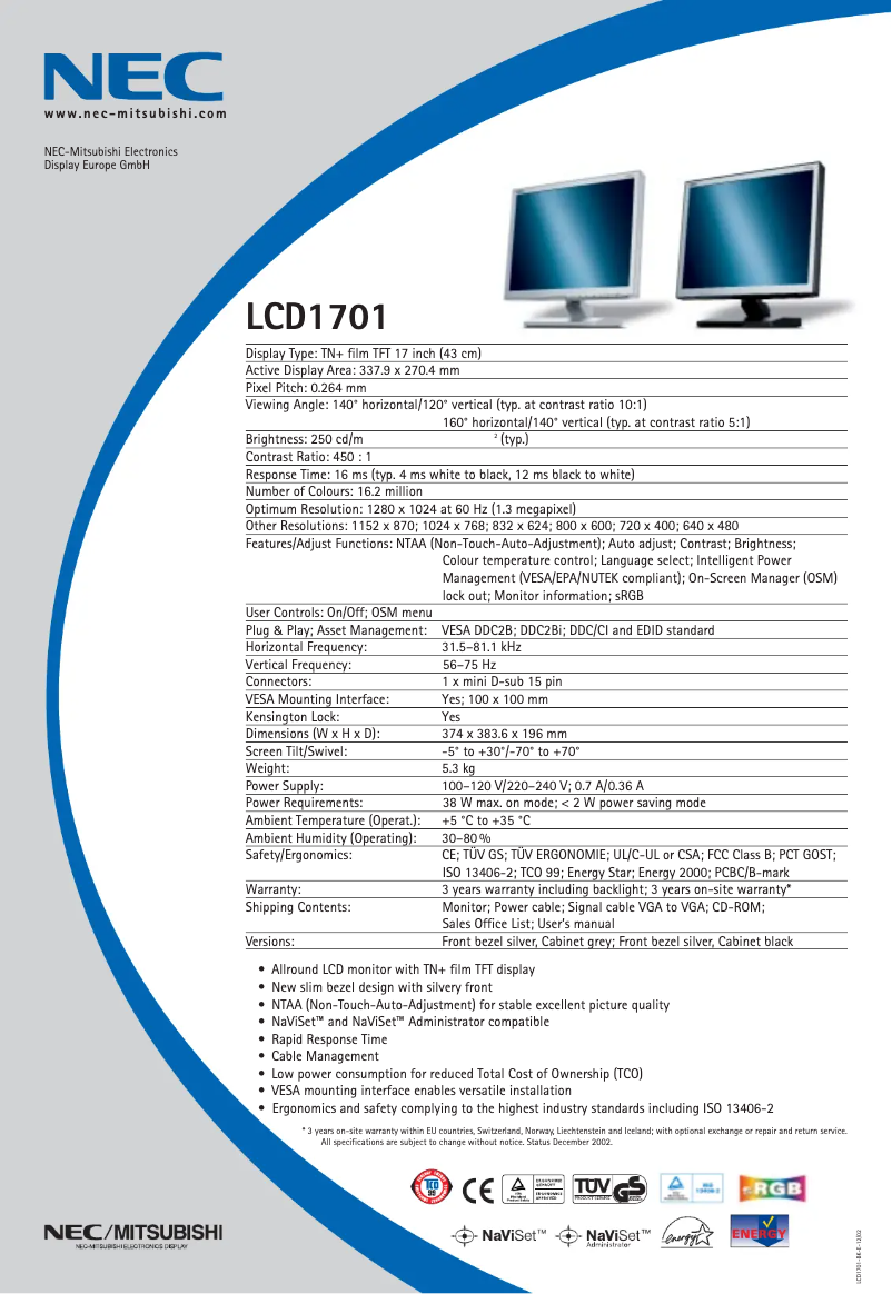 Image de la première page du manuel de l'appareil LCD1701