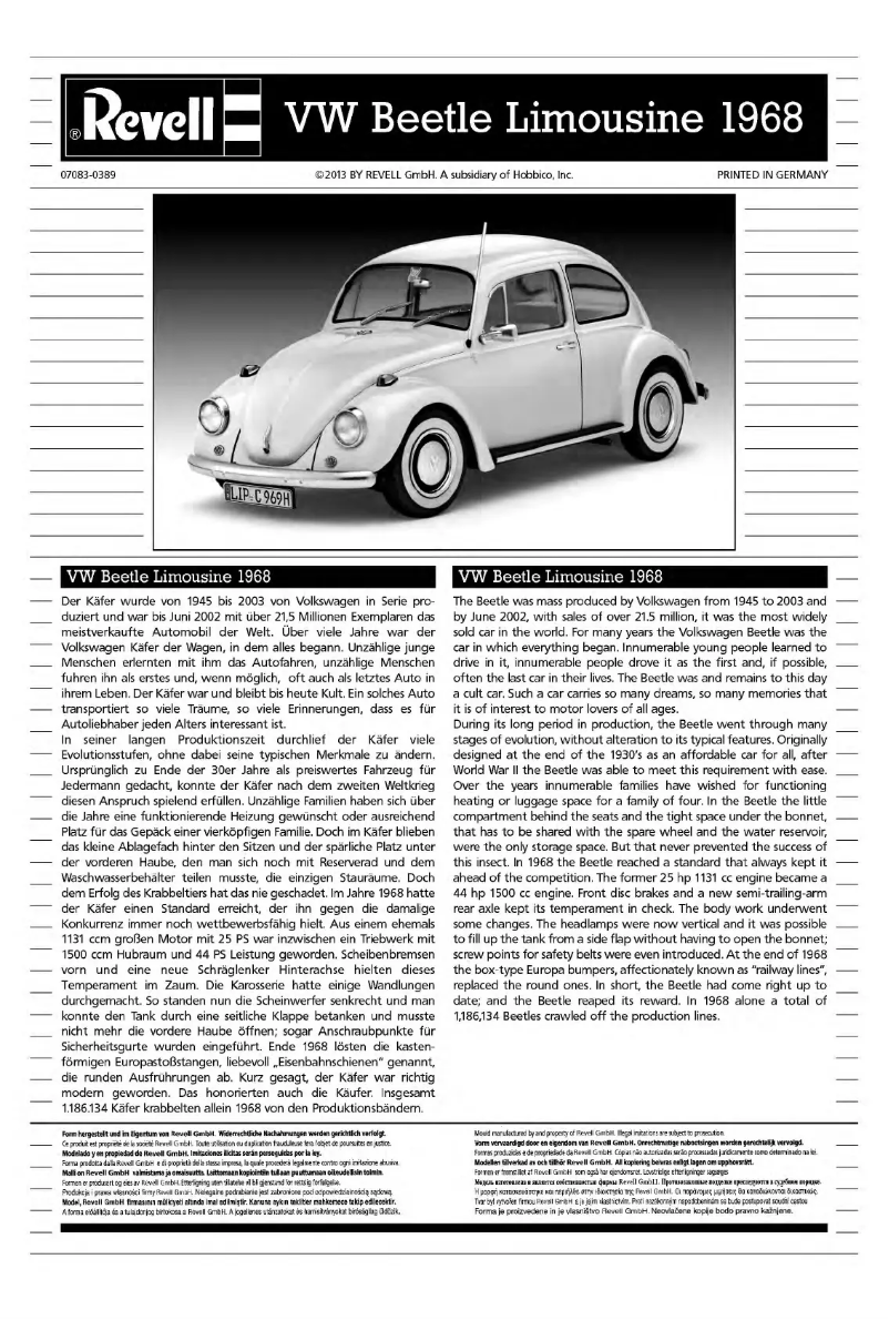Page 1 de la notice Manuel utilisateur Revell VW Beetle Limousine 1968