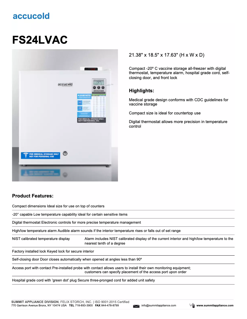 Page n°1 - Fiche technique Summit Accucold FS24LVAC