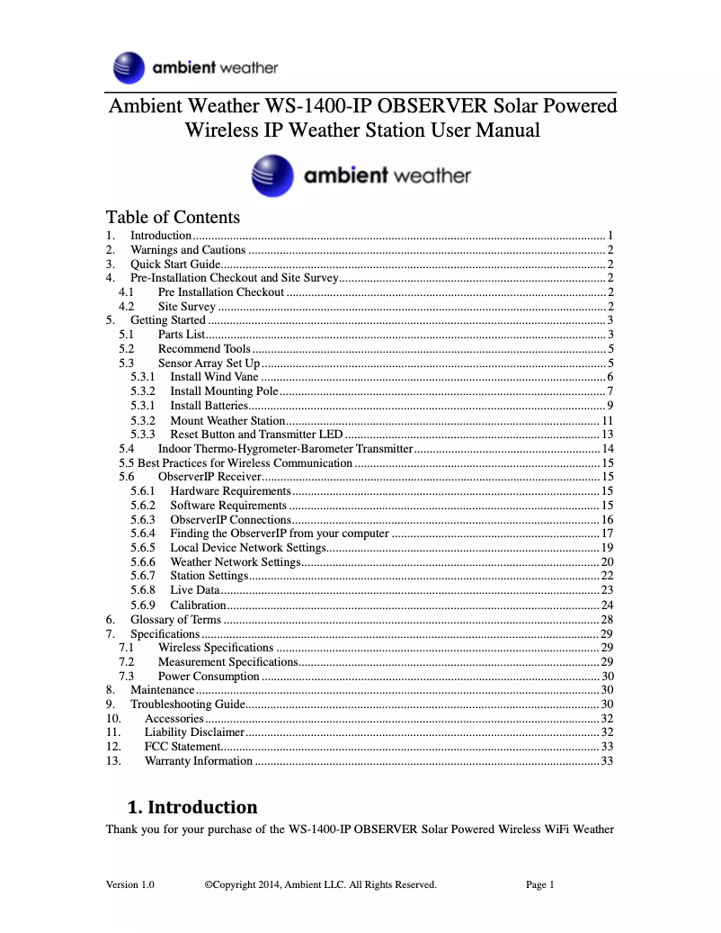Page n°1 - Manuel utilisateur Ambient Weather WS-1400-IP