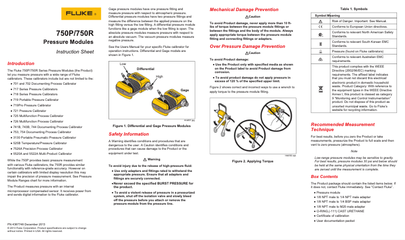 Page n°1 - Instructions / montage Fluke 750P