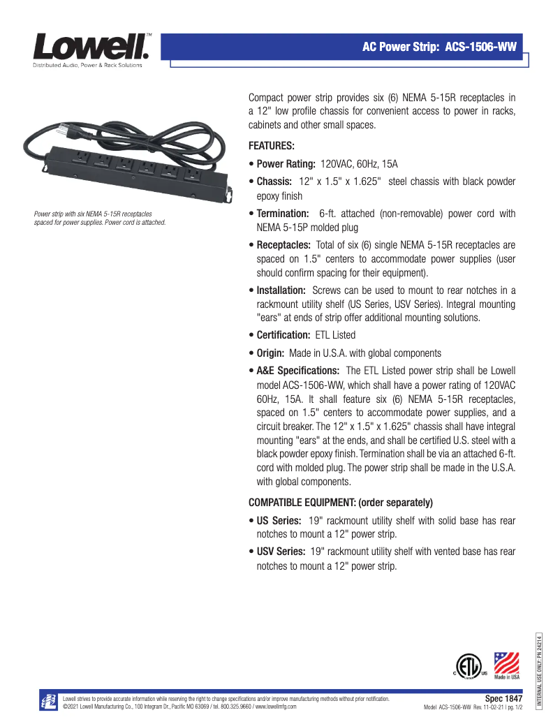 Page 1 de la notice Manuel utilisateur Lowell ACS-1506-WW