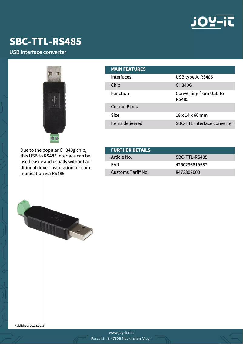 Page n°1 - Fiche technique Joy-It SBC-TTL-RS485