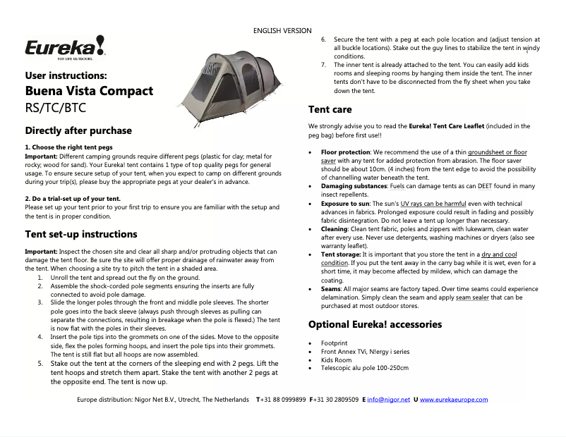 Page n°1 - Manuel utilisateur Eureka Buena Vista Compact