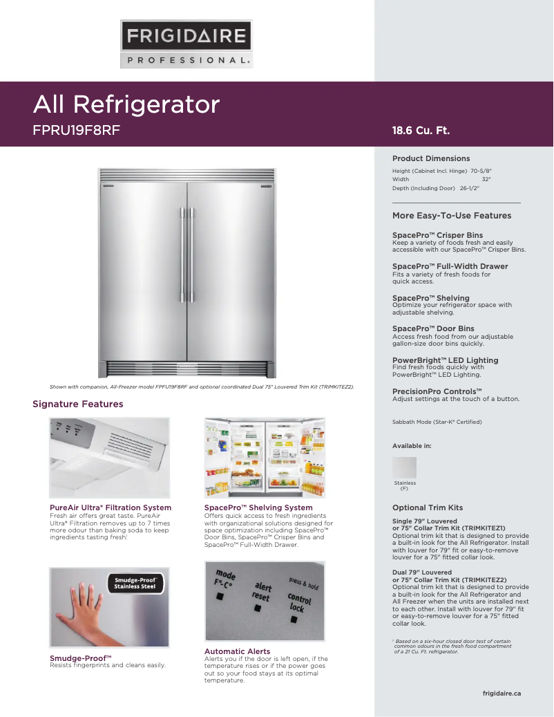 Page n°1 - Fiche technique Frigidaire TRIMKITEZ1