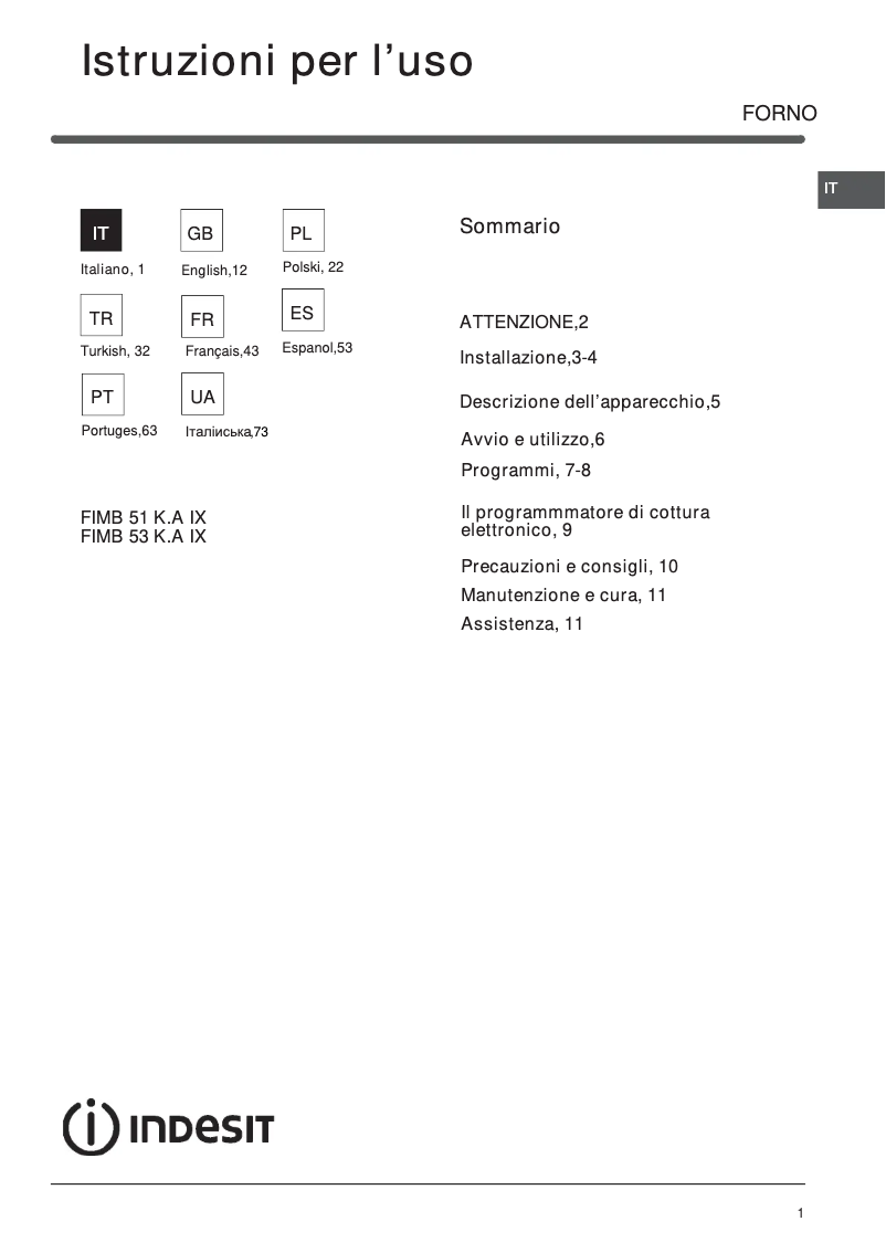 Page 1 de la notice Manuel utilisateur Indesit FIMB 51K.A IX