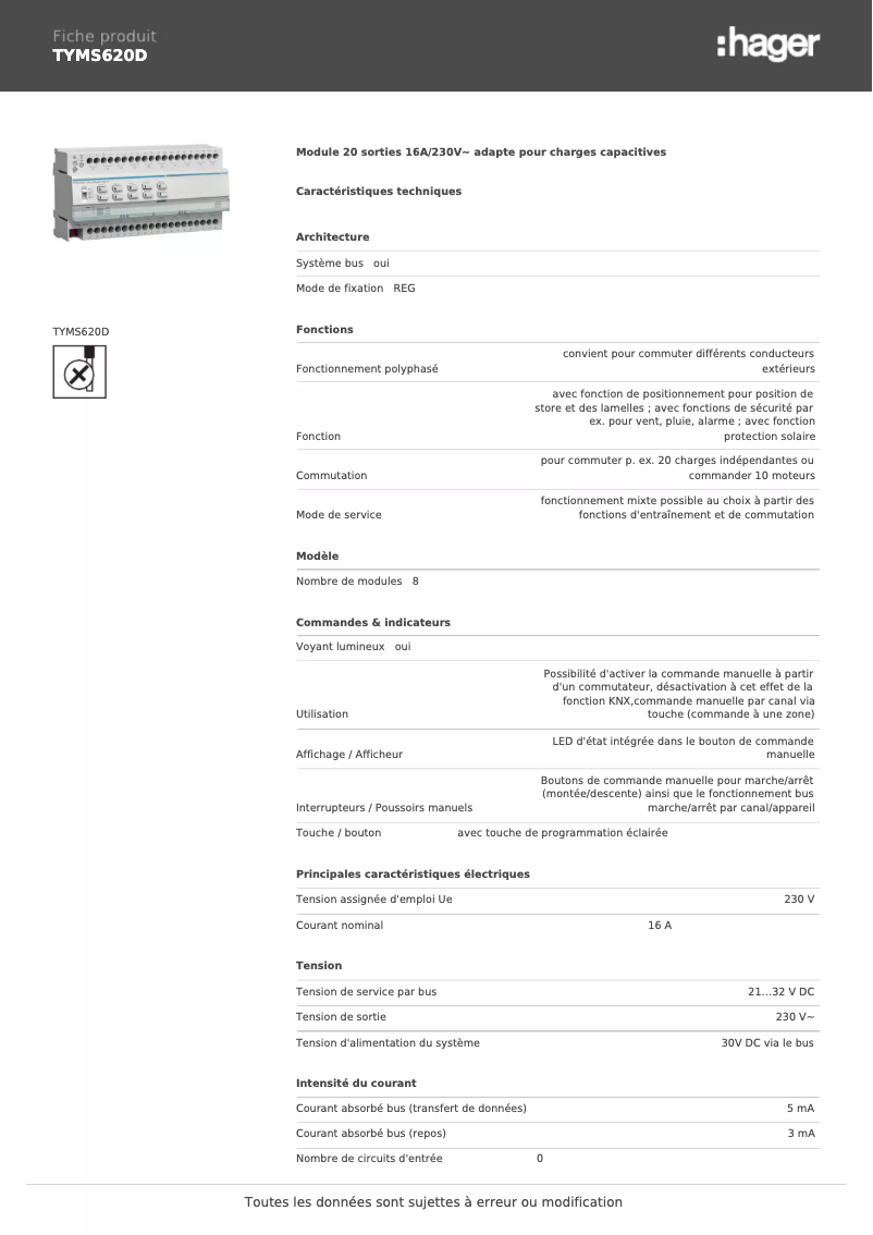 Page 1 de la notice Fiche technique Hager TYMS620D