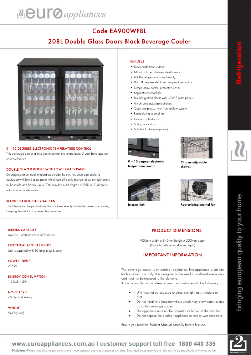 Page n°1 - Fiche technique Euro Appliances EA900WFBL