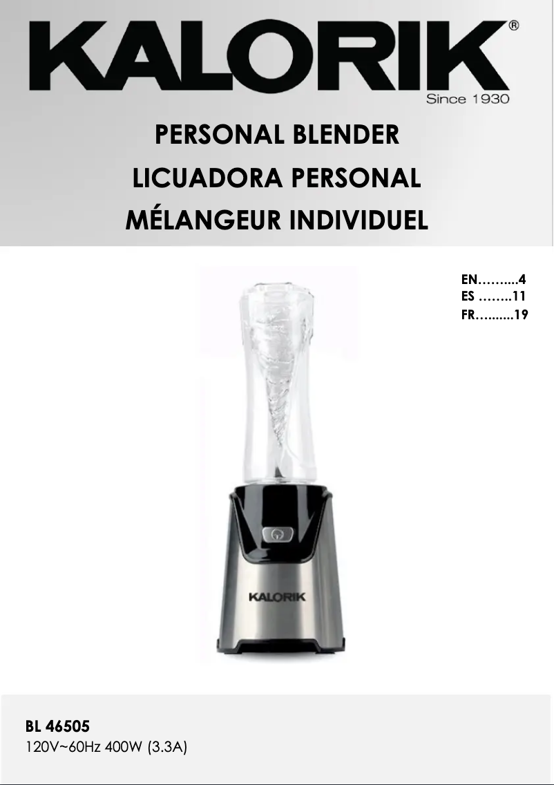Page 1 de la notice Manuel utilisateur Kalorik BL 46505