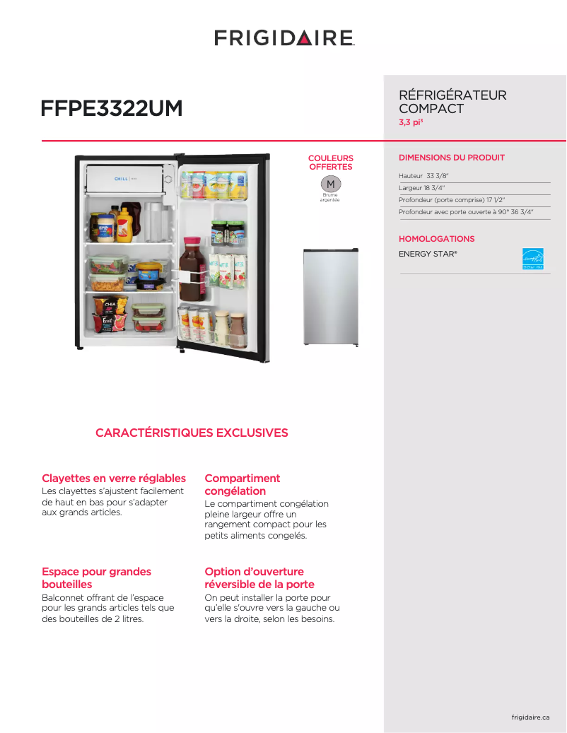 Page n°1 - Fiche technique Frigidaire FFPE3322UM