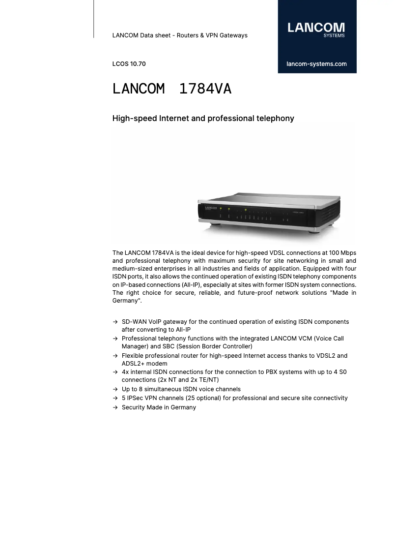 Page 1 de la notice Fiche technique Lancom 1784VA