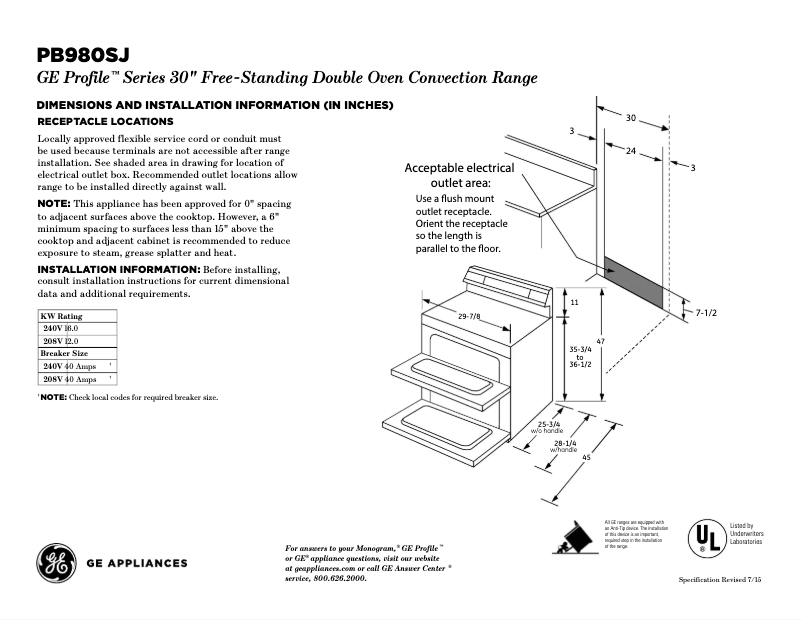 Page 1 de la notice Fiche technique GE Profile PB980SJSS
