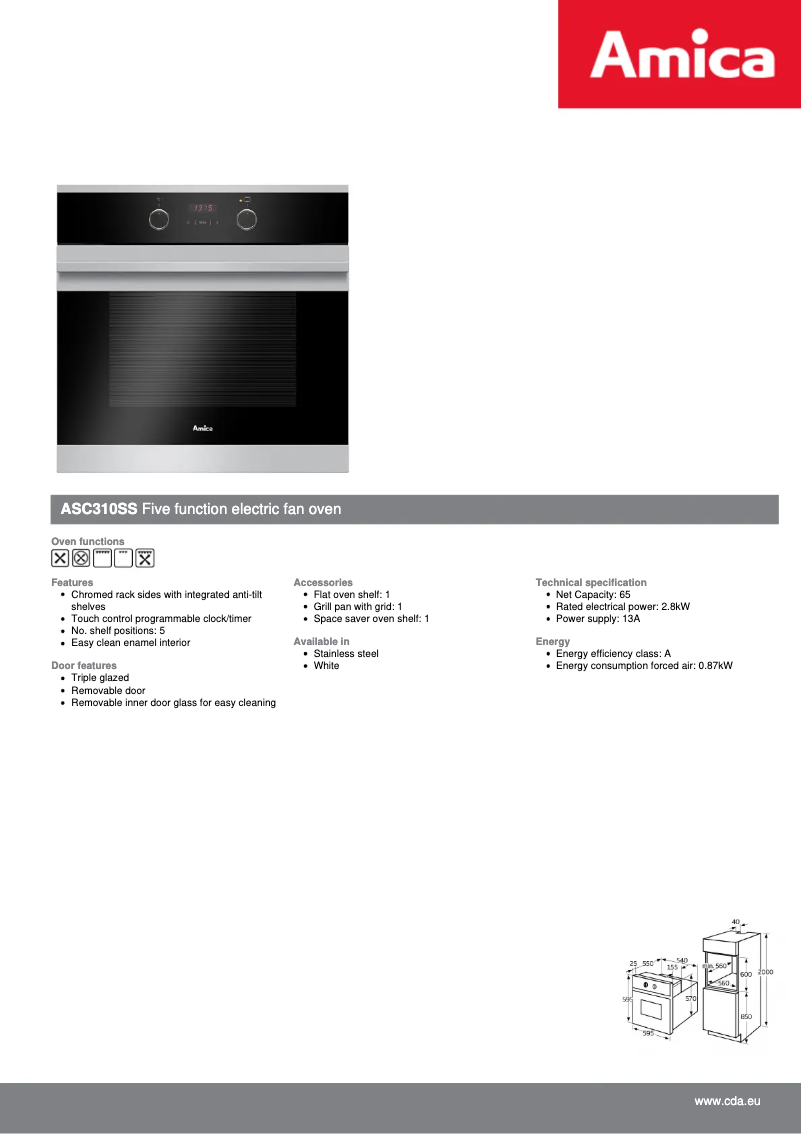 Page 1 de la notice Fiche technique Amica ASC310SS