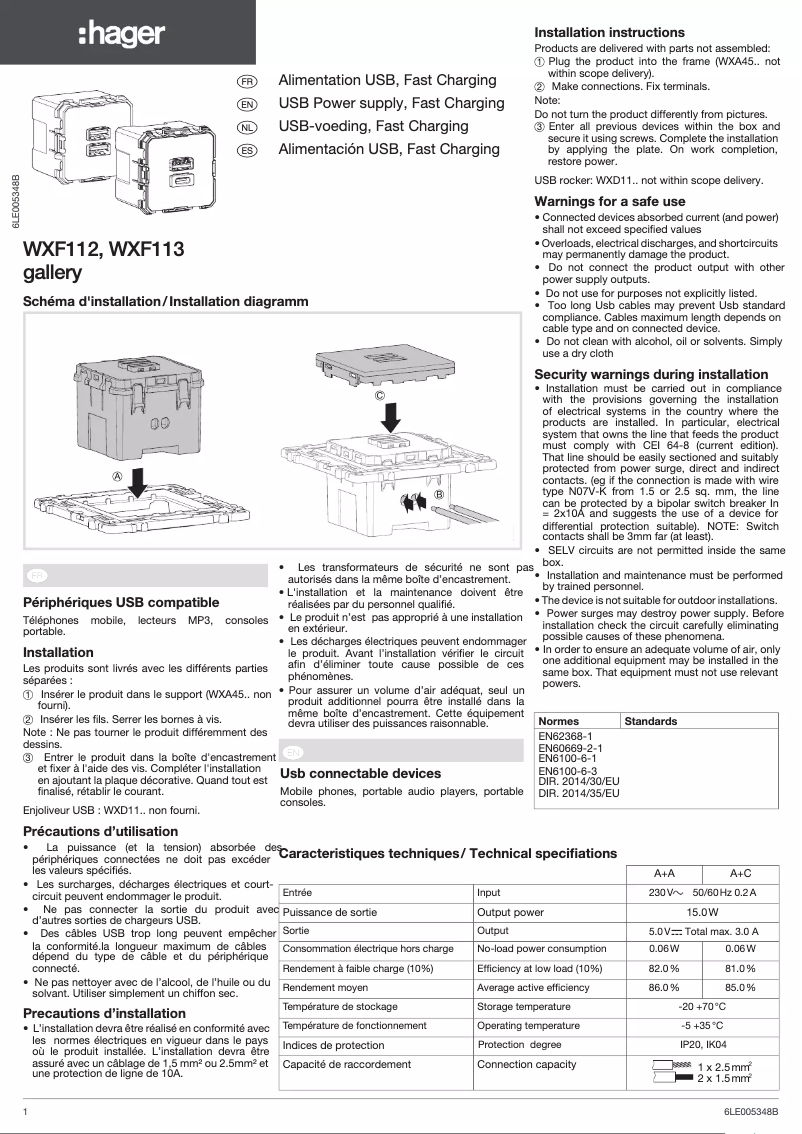 Page n°1 - Guide d'installation Hager WXF112