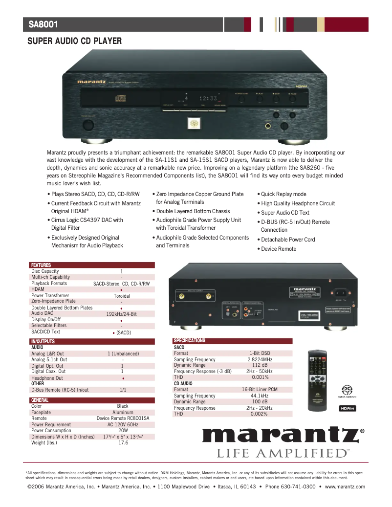 Page n°1 - Fiche technique Marantz SA8001