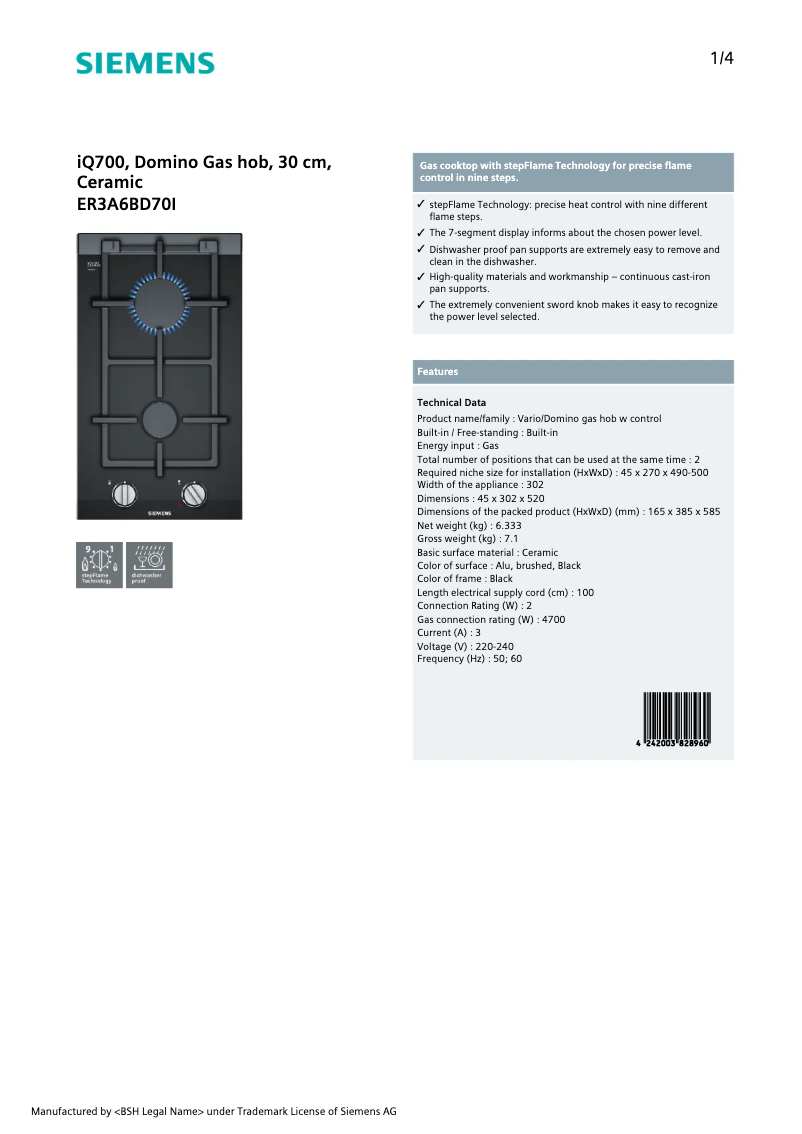 Page n°1 - Fiche technique Siemens ER3A6BD70I