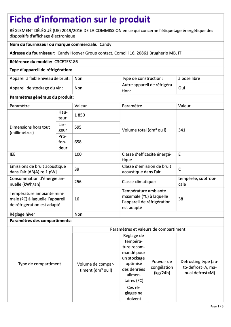 Page 1 de la notice Fiche technique Candy C3CETES186
