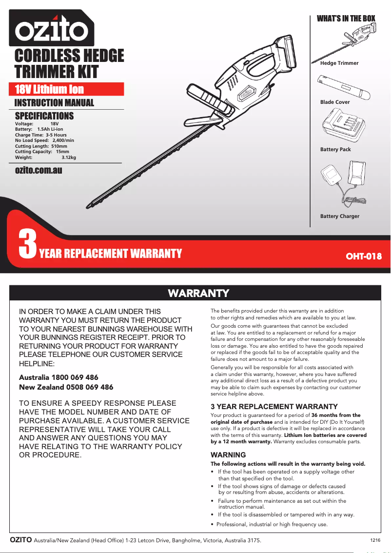 Page 1 de la notice Mode d'emploi Ozito OHT-018