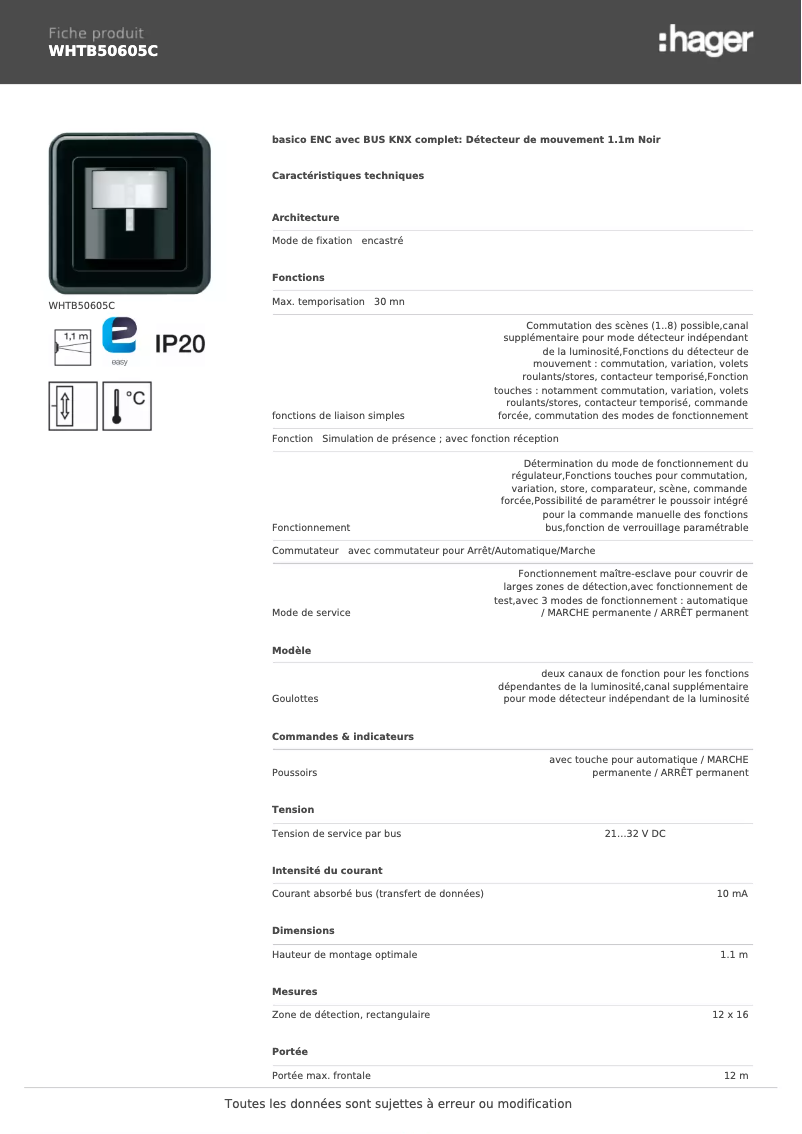 Page 1 de la notice Fiche technique Hager WHTB50605C