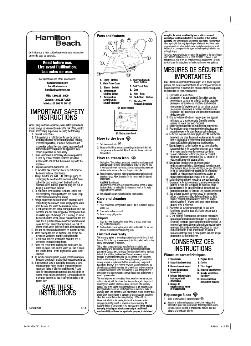 Page 1 de la notice Manuel utilisateur Hamilton Beach Durathon