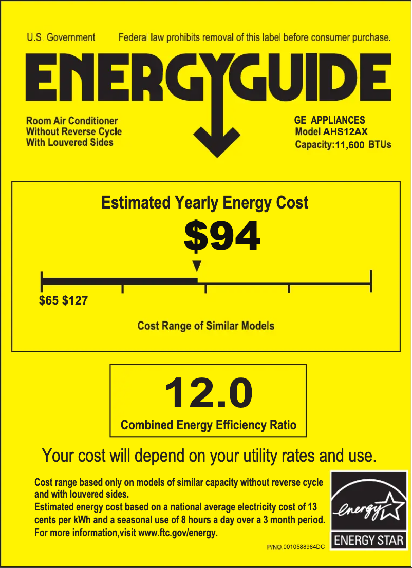 Page 1 de la notice Label énergétique GE AHS12AX
