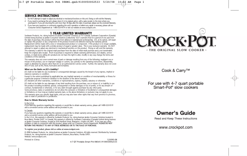 Page 1 de la notice Manuel utilisateur Crock-Pot Cook & Carry SCCPVL605-S