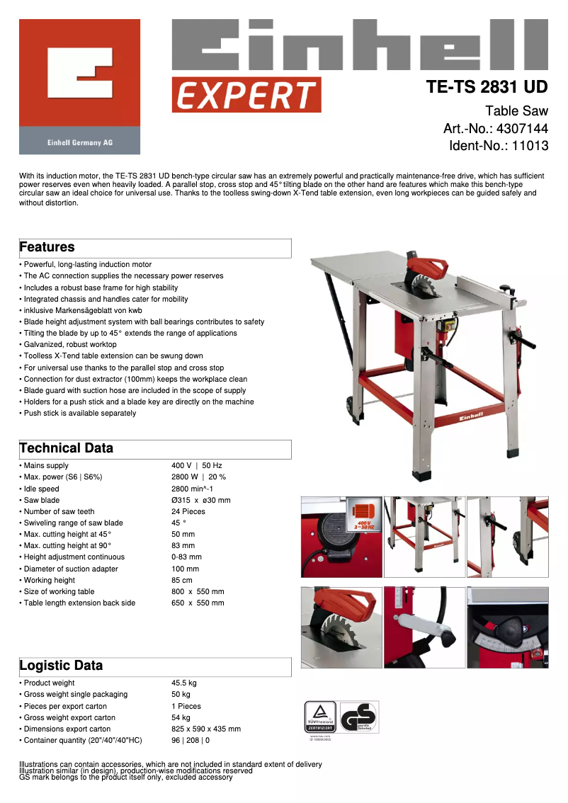 Page n°1 - Fiche technique Einhell TE-TS 2831 UD