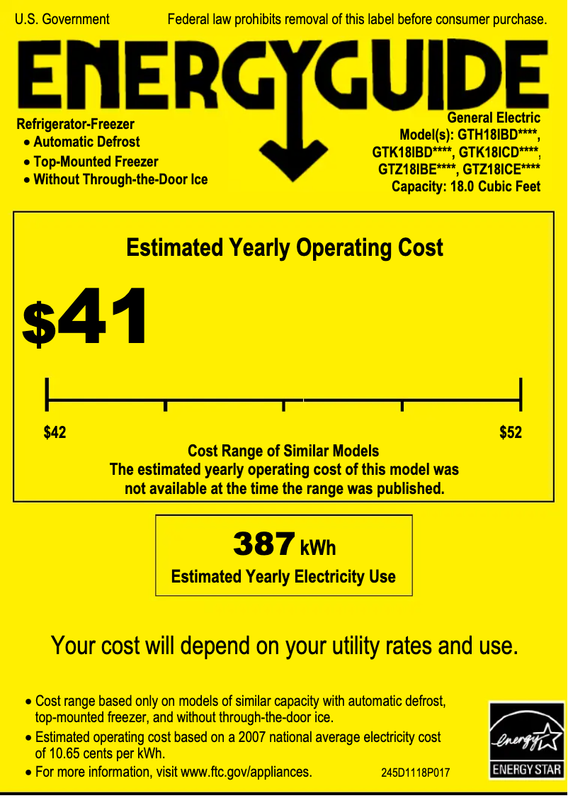 Page 1 of the manual Energy Label GE GTZ18IBESS