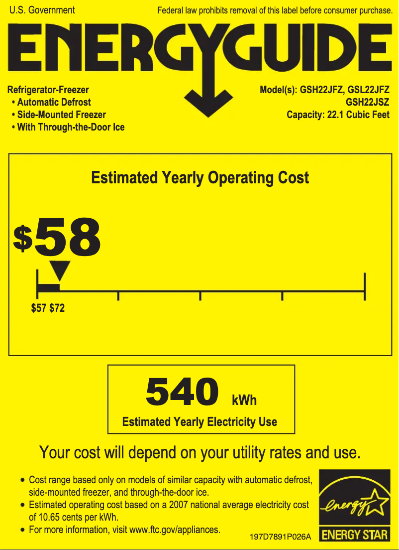 Page 1 de la notice Label énergétique GE GSL22JFZLB