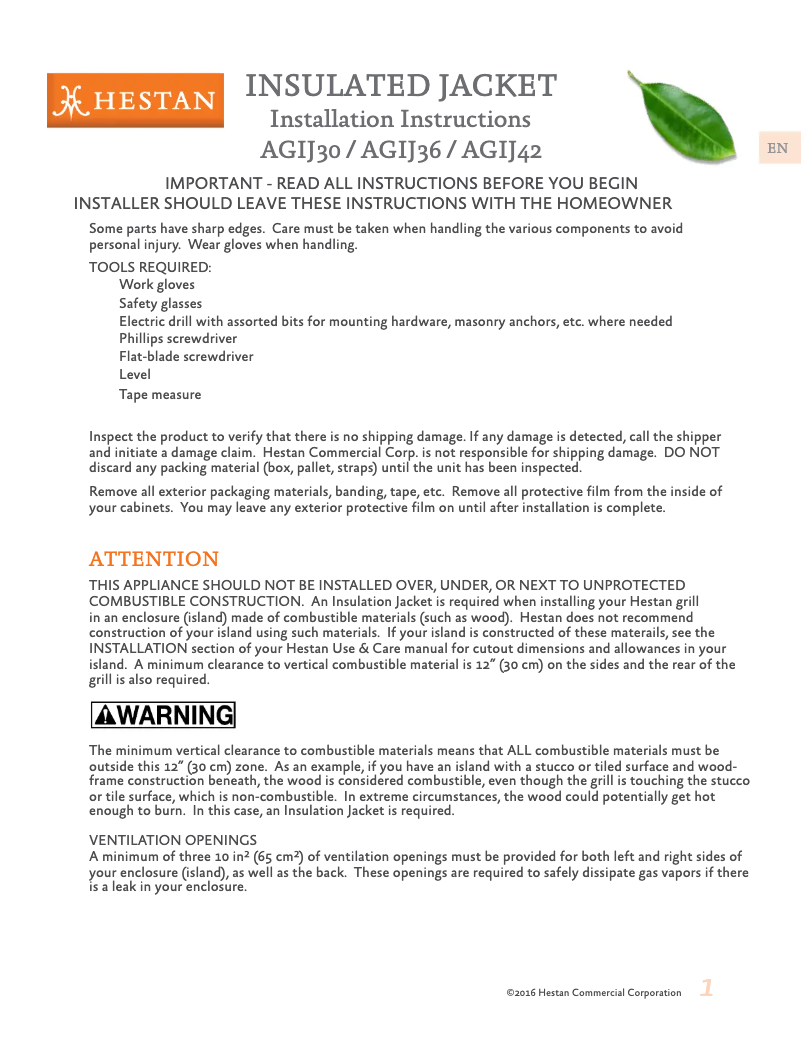 Page 1 de la notice Guide d'installation Hestan AGIJ36