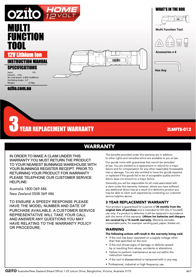 Page 1 de la notice Mode d'emploi Ozito ZLMFTS-012