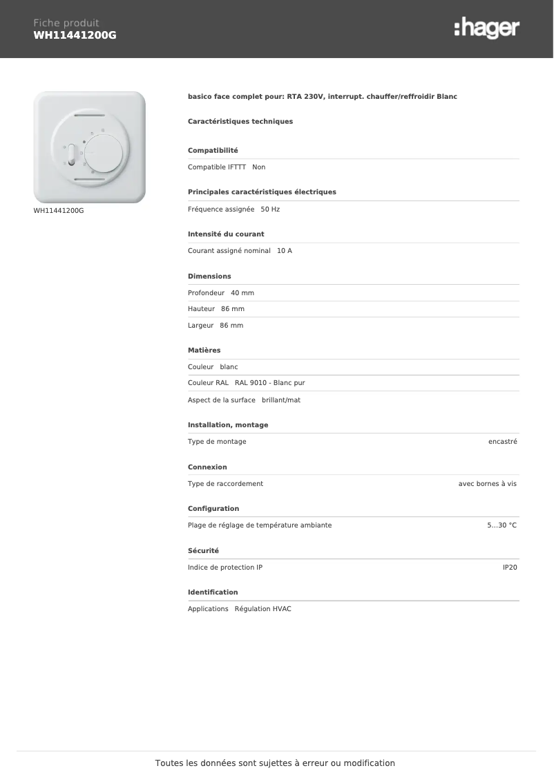 Page 1 de la notice Fiche technique Hager WH11441200G