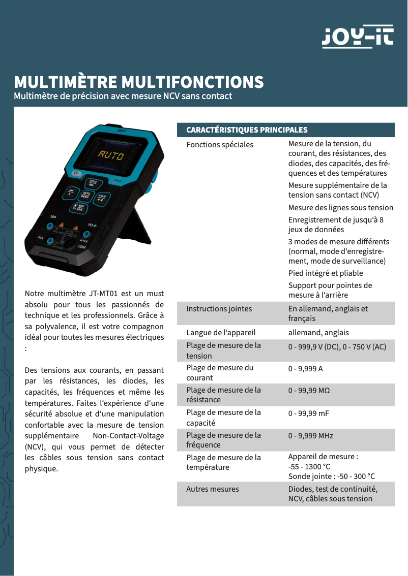 Page 1 de la notice Fiche technique Joy-It JT-MT01