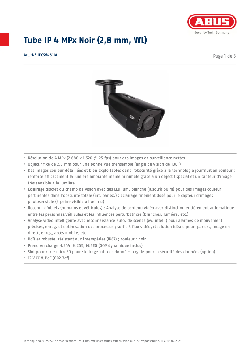 Page n°1 - Fiche technique Abus IPCS64611A