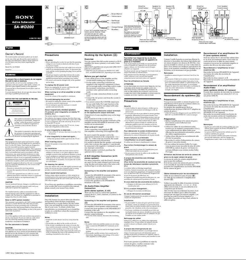 Page 1 de la notice Manuel utilisateur Sony SA-WD200