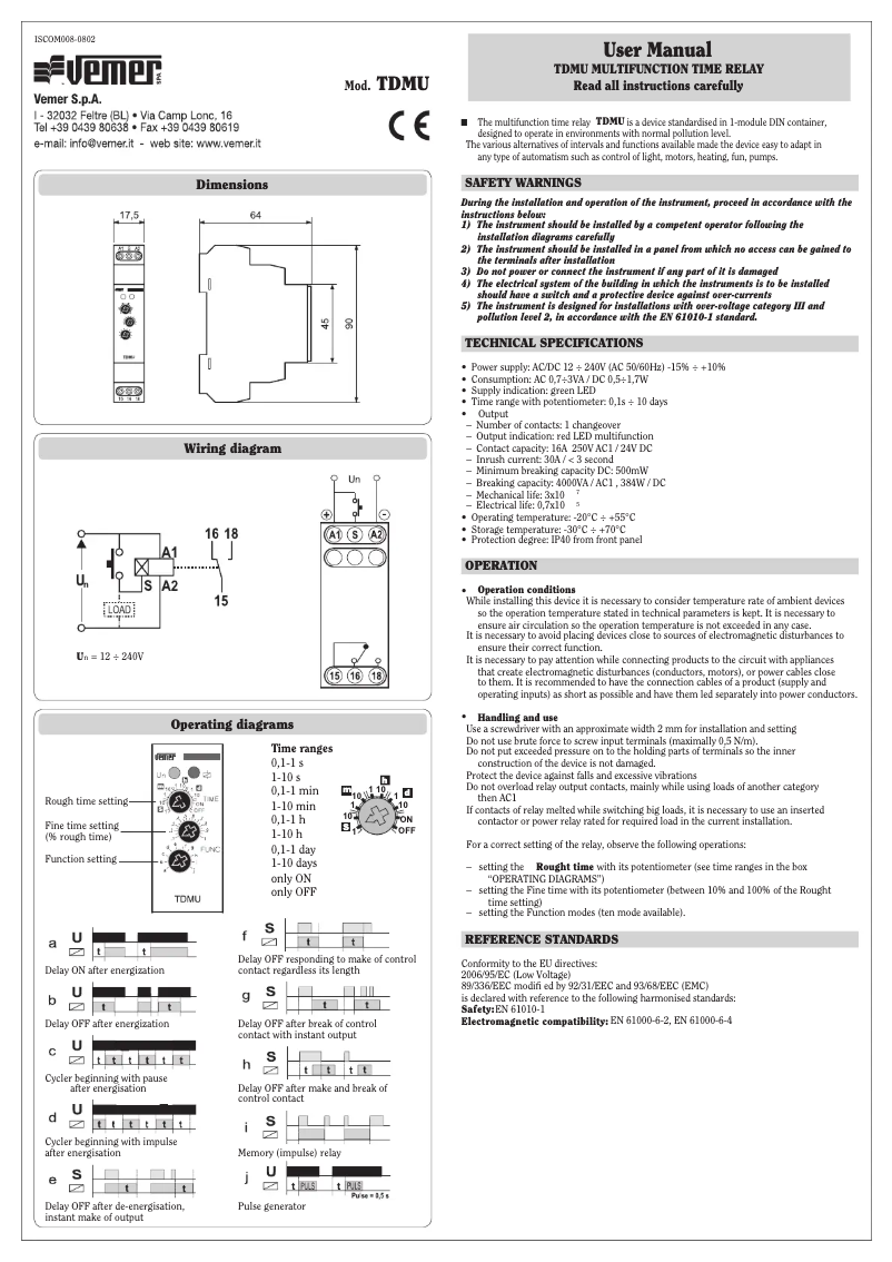 Page 1 de la notice Manuel utilisateur Vemer TDMU