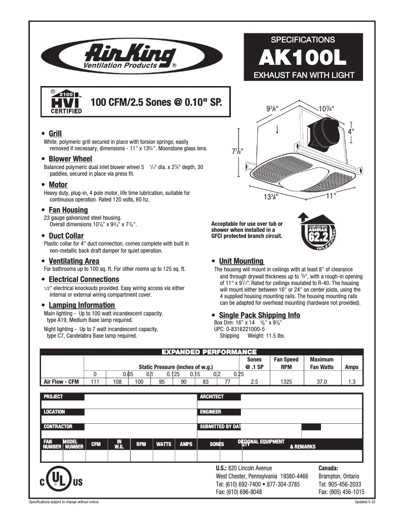 Page 1 de la notice Fiche technique Air King AK100L